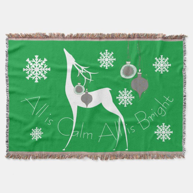 Green All is Calm All is Bright Deer Holiday Throw (Front)