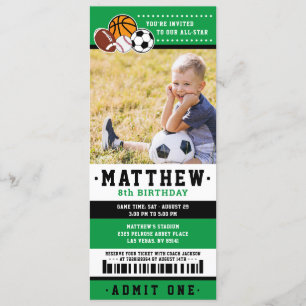 Green All Star Sport Ticket Birthday Party Photo Invitation
