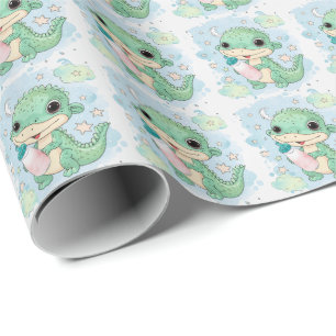Green Alligator Baby Pastel Watercolor Pattern Wrapping Paper