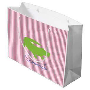 Green Alligator Pink Stripe NAME Preppy Colourful Large Gift Bag