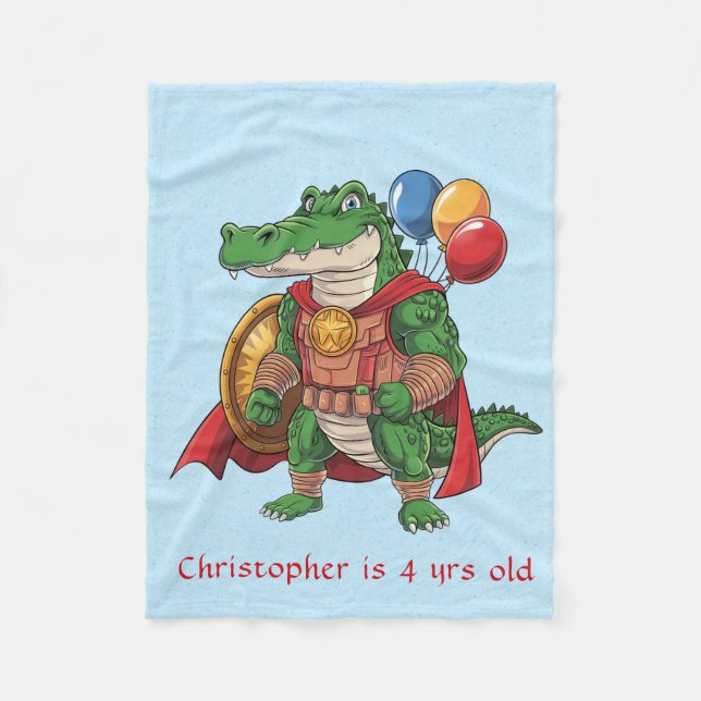 Green Alligator Superhero Age Boy Birthday Gift Fleece Blanket (Front)