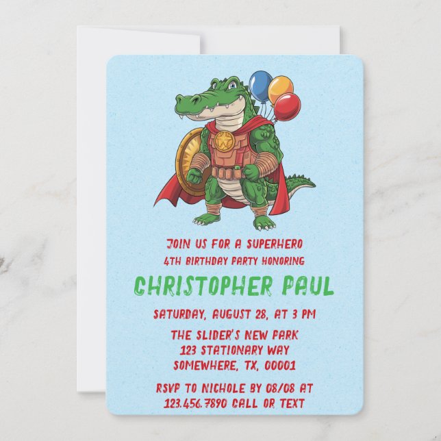 Green Alligator Superhero Birthday Party Invitation (Front)