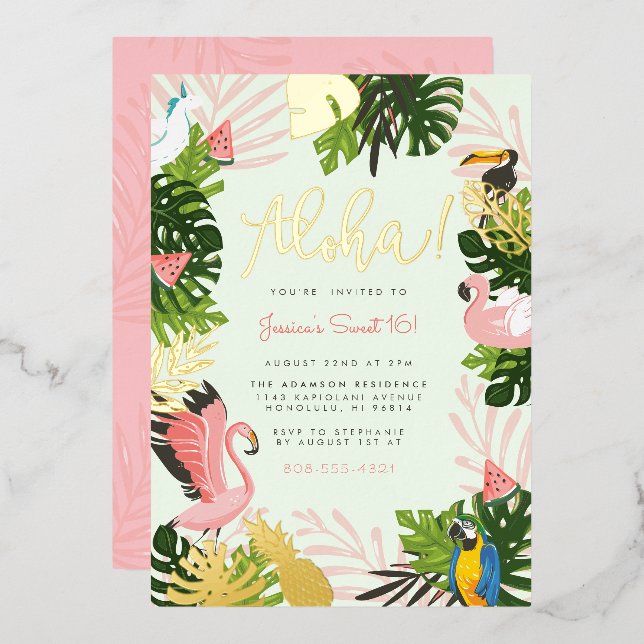 Green | Aloha Hawaii Tropical Gold Birthday Party (Front/Back)