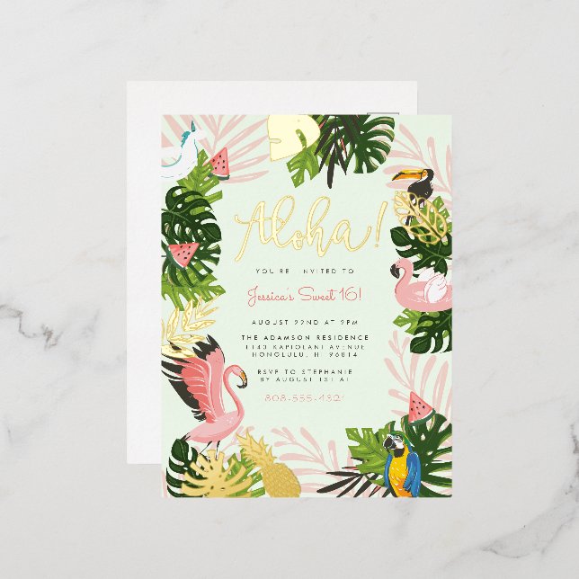 Green | Aloha Hawaii Tropical Gold Birthday Party Foil Invitation Postcard (Front/Back)