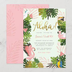 Green   Aloha Hawaii Tropical Gold Birthday Party Invitation