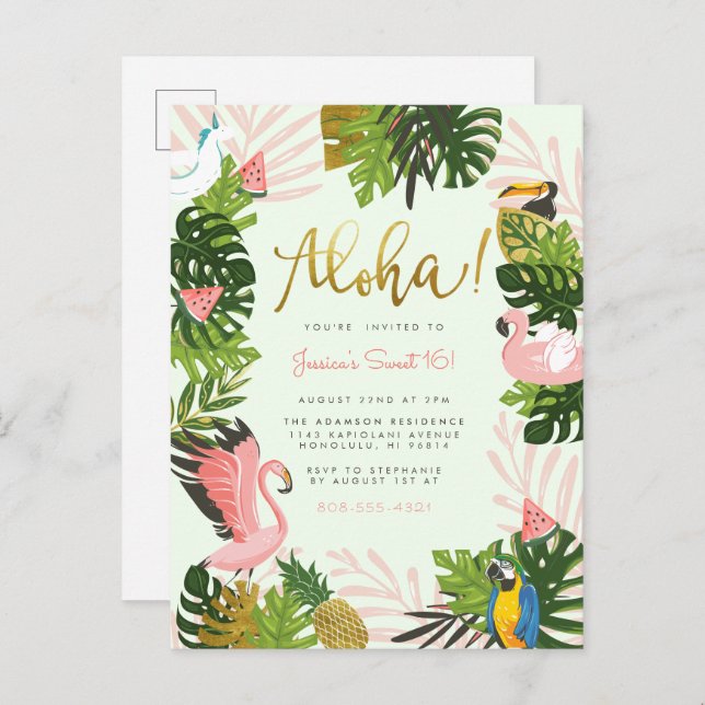 Green | Aloha Hawaii Tropical Gold Birthday Party Invitation Postcard (Front/Back)