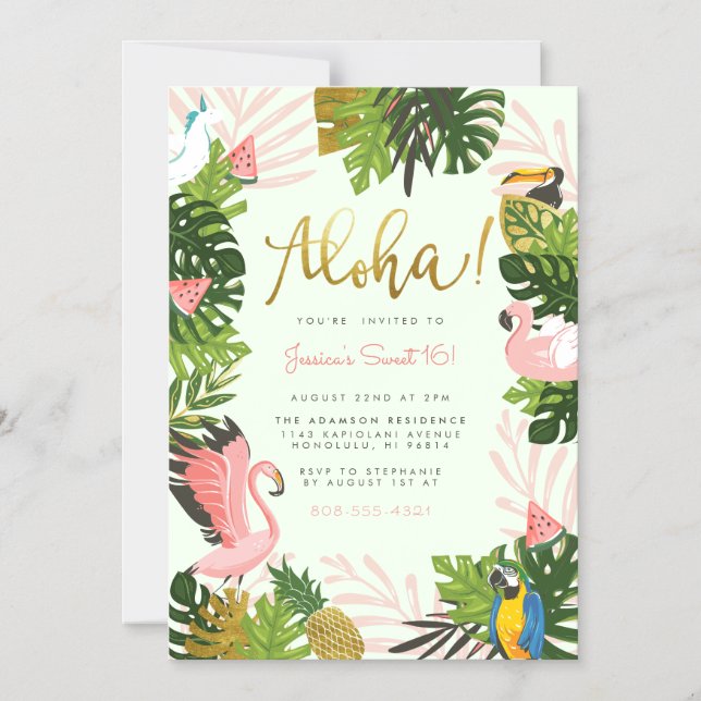 Green | Aloha Hawaii Tropical Gold Birthday Party Magnetic Invitation (Front)
