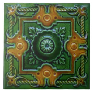 Green & Amber Victorian Design Majolica Tile