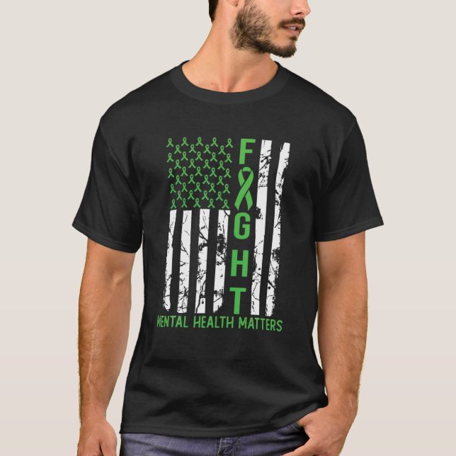 Green American Flag USA Mental Health Matters T-Shirt (Front)