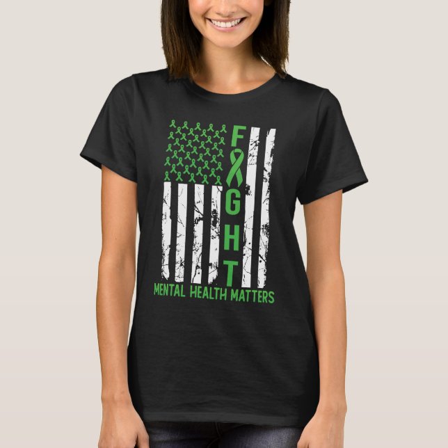 Green American Flag USA Mental Health Matters T-Shirt (Front)