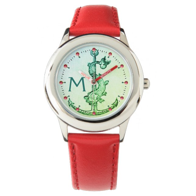 GREEN ANCHOR WITH FISH NAUTICAL MONOGRAM Pink Gems Watch (Front)
