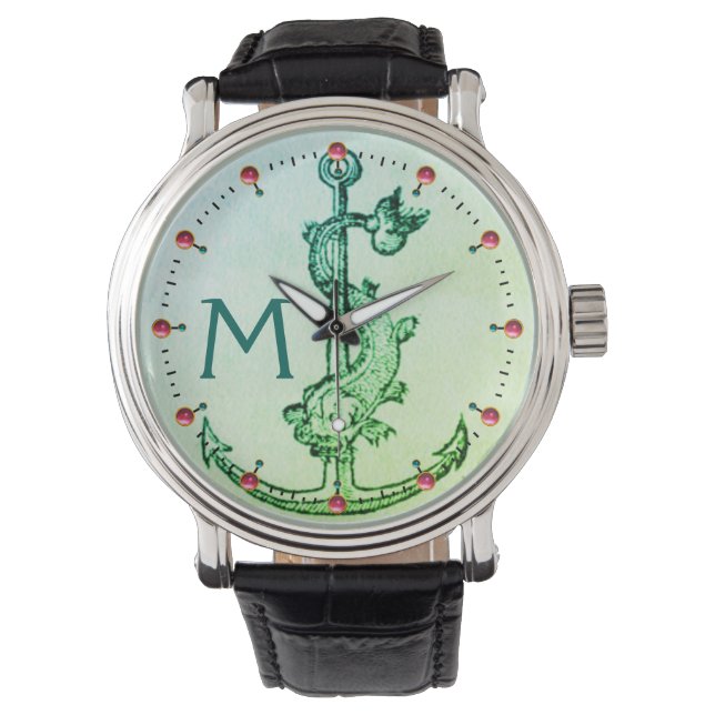 GREEN ANCHOR WITH FISH NAUTICAL MONOGRAM Pink Gems Watch (Front)