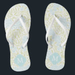 Green and Aqua Floral Damask Monogrammed Flip Flops<br><div class="desc">Beautiful and elegant floral damask pattern and quatrefoil frame monogram.</div>