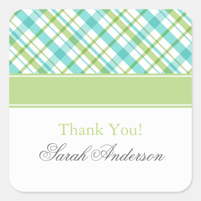 Green and Aqua Plaid Pattern Square Sticker (Front)