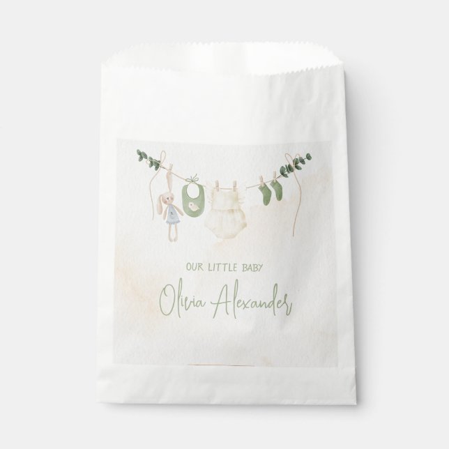 Green and Beige Delicate Watercolor Baby Shower Favour Bags (Front)