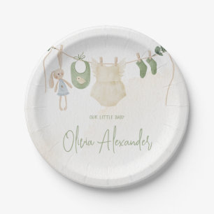 Green and Beige Delicate Watercolor Baby Shower Paper Plate