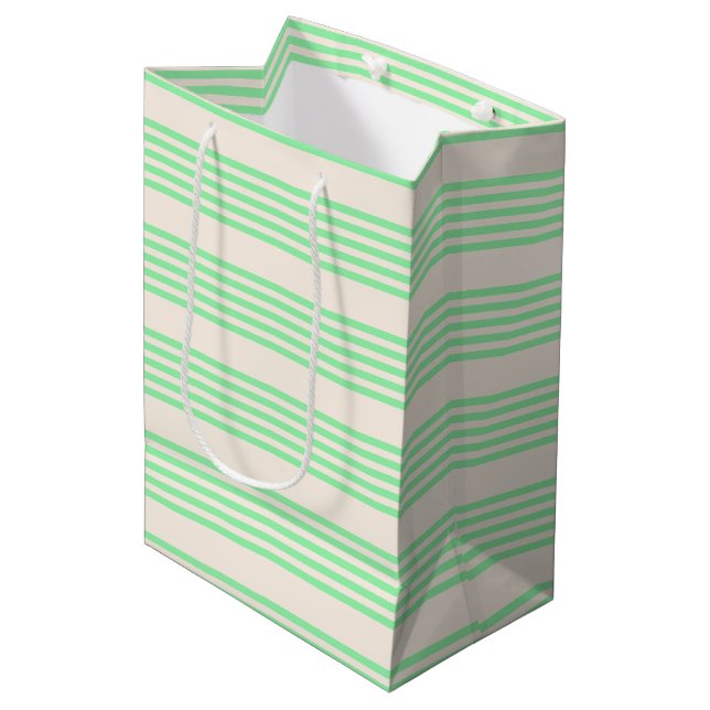 Green and beige five stripes pattern medium gift bag (Front Angled)