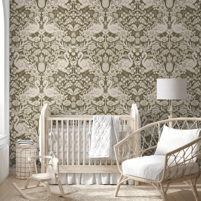Green and Beige Flamingo Floral Damask Wallpaper (Kids)