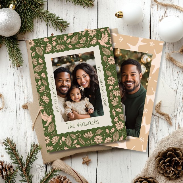 Green and Beige Folk Art Christmas Photo Holiday Card (Green and Beige Folk Art Christmas Greeting Card)