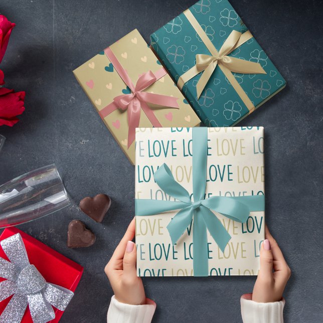 Green and Beige  Loving Hearts set of 3 Wrapping Paper Sheet (Green and Beige Loving Hearts set of 3 Wrapping Paper Sheet)