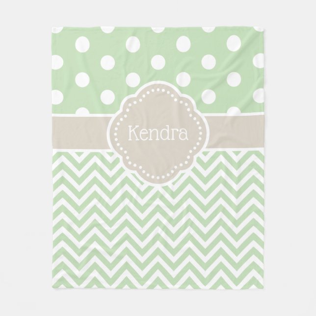 Green and Beige Polka Dot Chevron Monogram Fleece Blanket (Front)