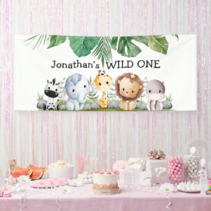 Green and beige safari wild one Birthday Banner