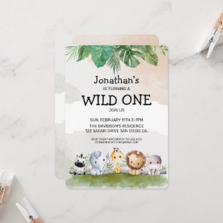 Green and beige safari wild one Birthday Invitation