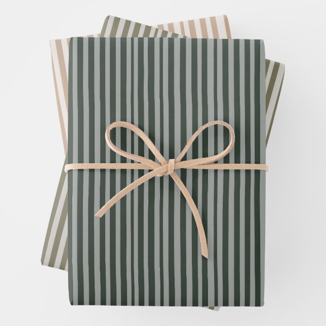 Green and Beige Stipes Christmas Wrapping Paper (In situ)
