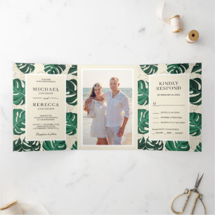 Green and Beige Tropical Monstera Leaves Wedding Tri-Fold Invitation
