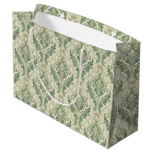 Green and Beige Vintage Botanical Flowers Pattern Large Gift Bag