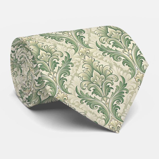 Green and Beige Vintage Botanical Flowers Pattern Tie (Rolled)