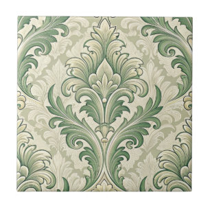 Green and Beige Vintage Botanical Flowers Pattern Tile