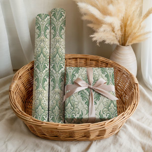 Green and Beige Vintage Botanical Flowers Pattern Wrapping Paper