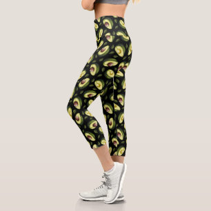 Green and Black Avocado Pattern Capri Leggings