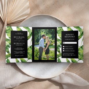 Green and Black Banana Leaves Tropical Wedding Tri-Fold Invitation