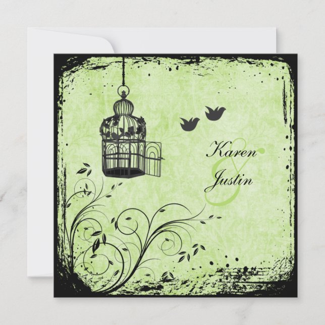 Green and Black Birdcage and Lovebirds Invitation (Front)