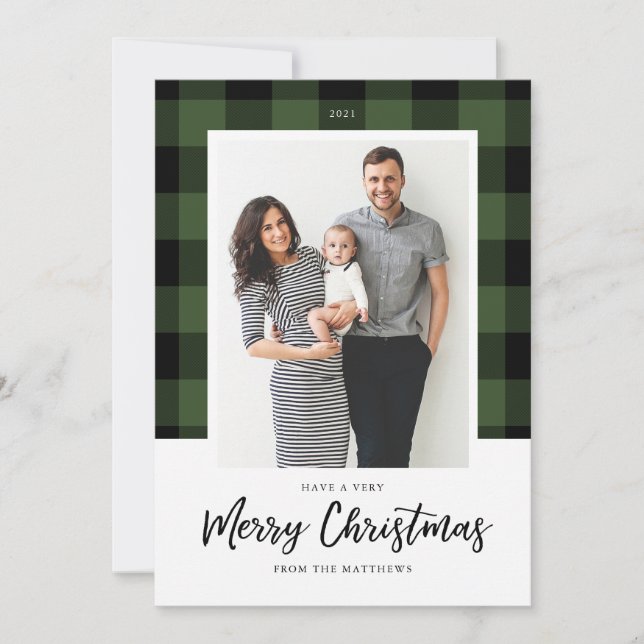 Green and Black Buffalo Check Christmas Photo Card (Front)