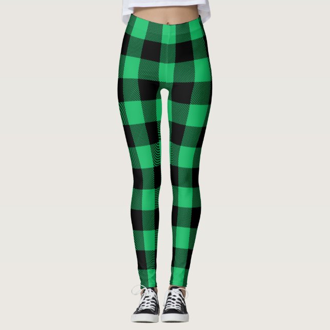 Green and Black Buffalo Check Gingham Holiday   Leggings (Front)