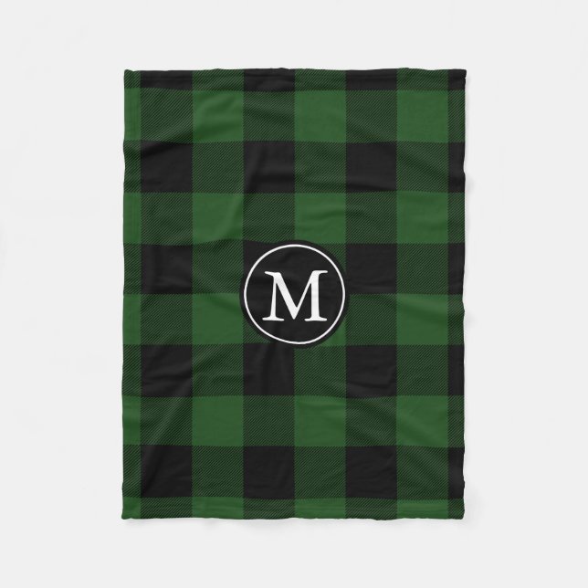 Green and Black Buffalo Check Monogram Fleece Blanket (Front)
