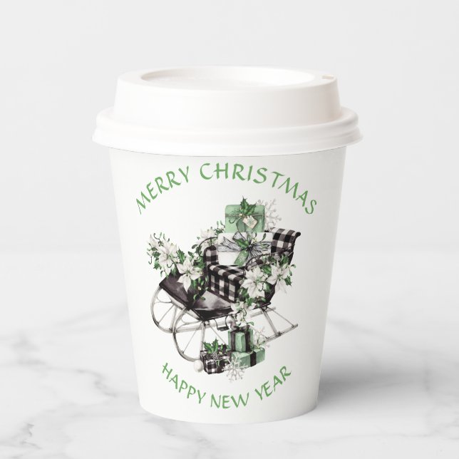 Green and Black Buffalo Check Sleigh and Packages Paper Cups (Front)