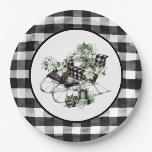 Green and Black Buffalo Check Sleigh and Packages Paper Plate