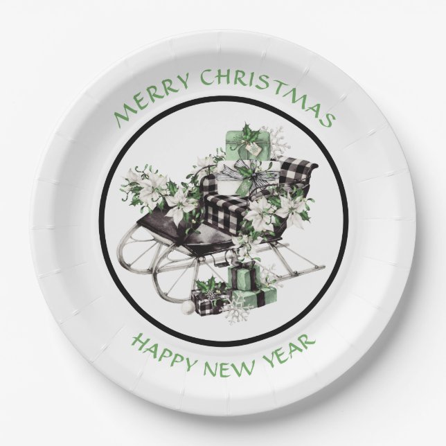 Green and Black Buffalo Check Sleigh and Packages  Paper Plate (Front)
