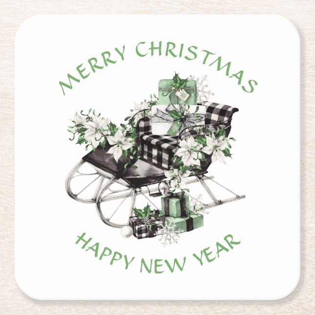 Green and Black Buffalo Check Sleigh and Packages Square Paper Coaster (Front)