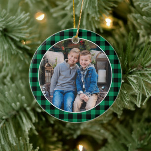 Green and Black Buffalo Plaid Custom Holiday Photo Ceramic Tree Decoration