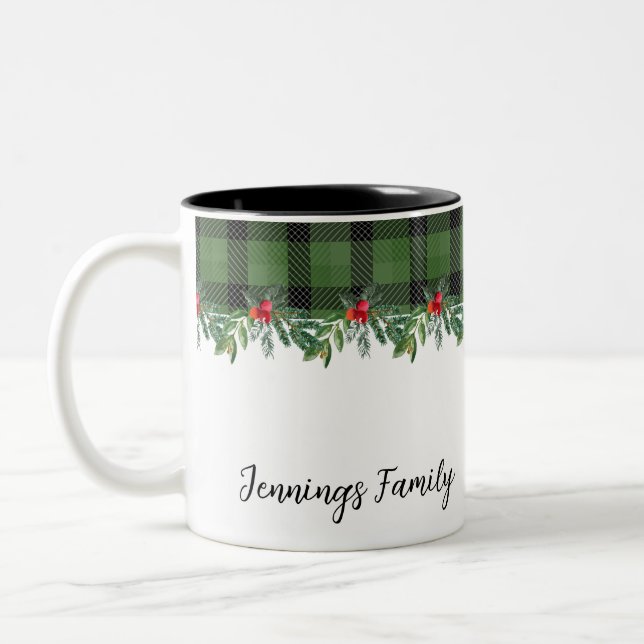 Green and Black Buffalo Plaid Family Christmas Two-Tone Coffee Mug (Left)