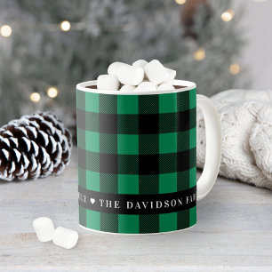 Green and Black Buffalo Plaid Family Name Holiday Coffee Mug