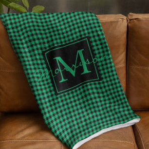 Green And Black Buffalo Plaid Monogrammed Custom Fleece Blanket