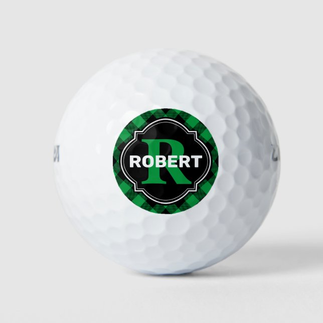 Green and Black Buffalo Plaid Name Monogram Golf Balls (Front)