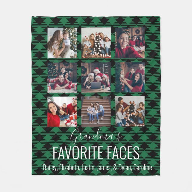 Green and Black Buffalo Plaid Personalised 9 Photo Fleece Blanket (Front)