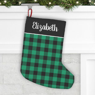 Green and Black Buffalo Plaid Personalised Name Small Christmas Stocking